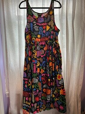 Nooworks “Party Mix” Naomi Linen Black Multi Abstract Maxi Tank Dress